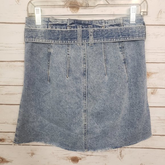 We The Free East of Eden Blue Denim Paperbag Skirt Button Fly Raw Hem Size 26 - Picture 8 of 12
